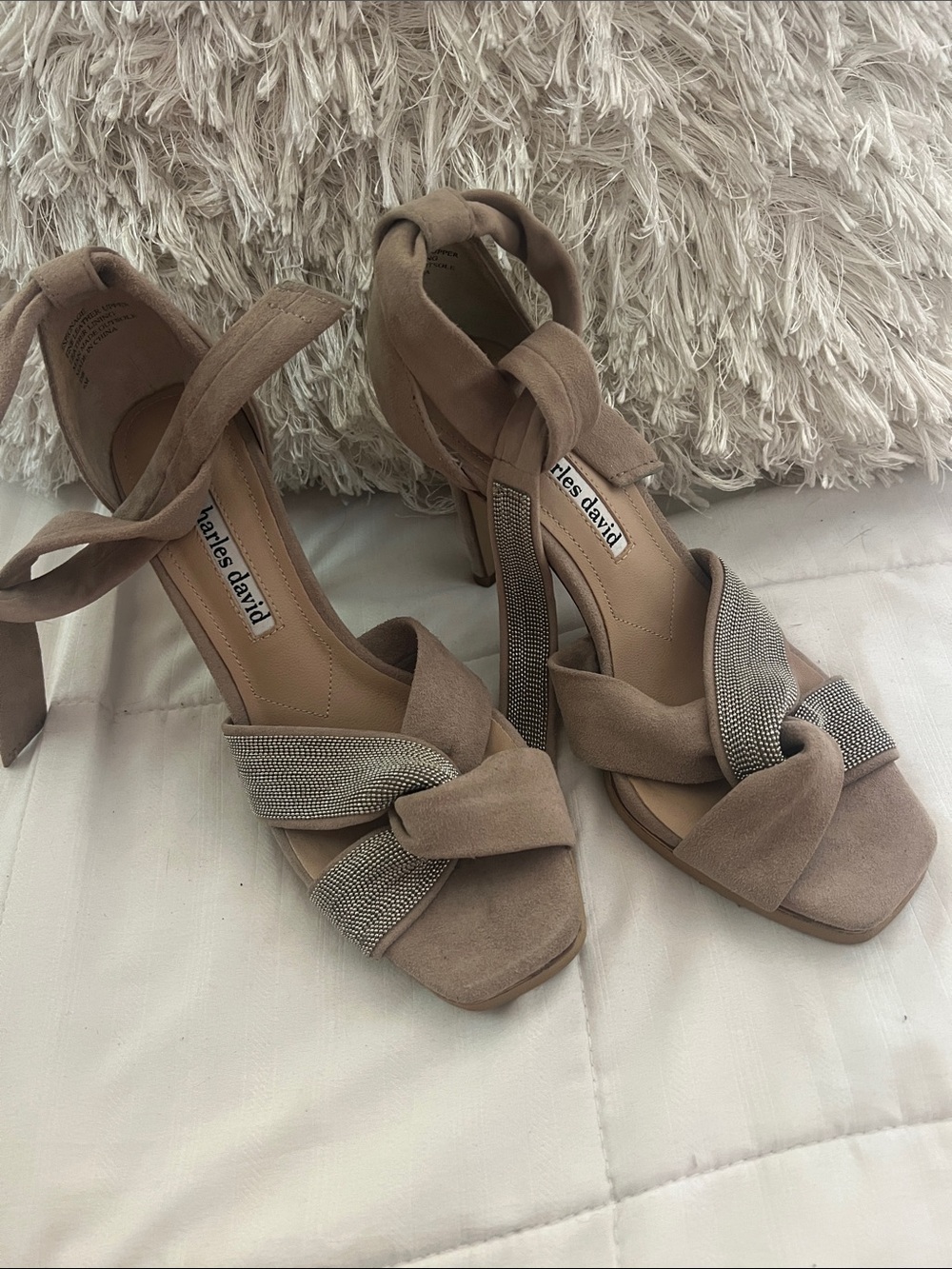 Charles David Taupe Suede Knotted Ankle-Tie Heels with Rhinestone Strap